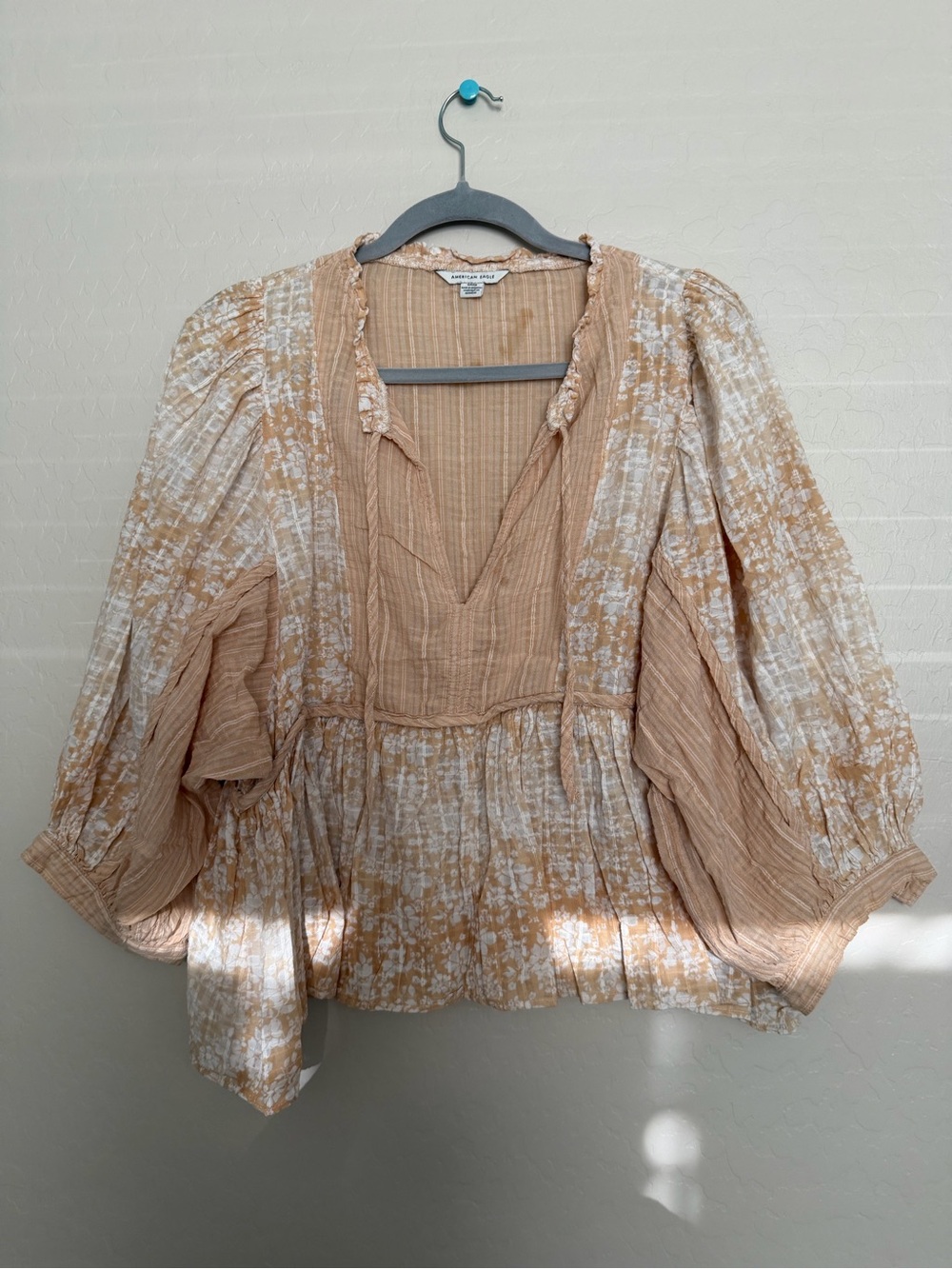 American Eagle Outfitters Beige Tie-Dye Peasant Blouse